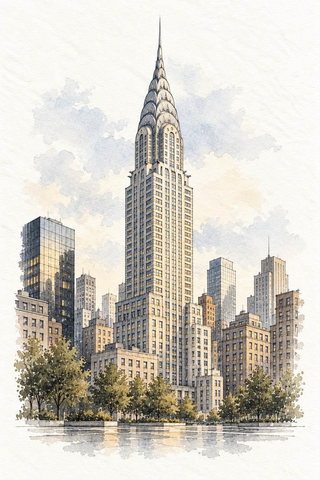 Chrysler Building in Watercolour, New York vertical ink and watercolour artwork