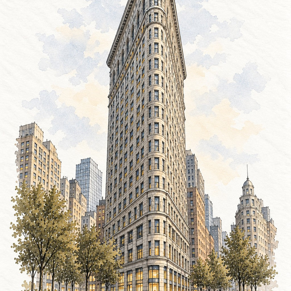 Flatiron Building in Watercolour, New York vertical ink and watercolour artwork