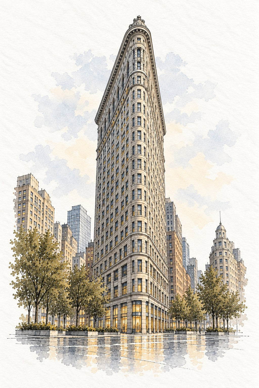 Flatiron Building in Watercolour, New York vertical ink and watercolour artwork