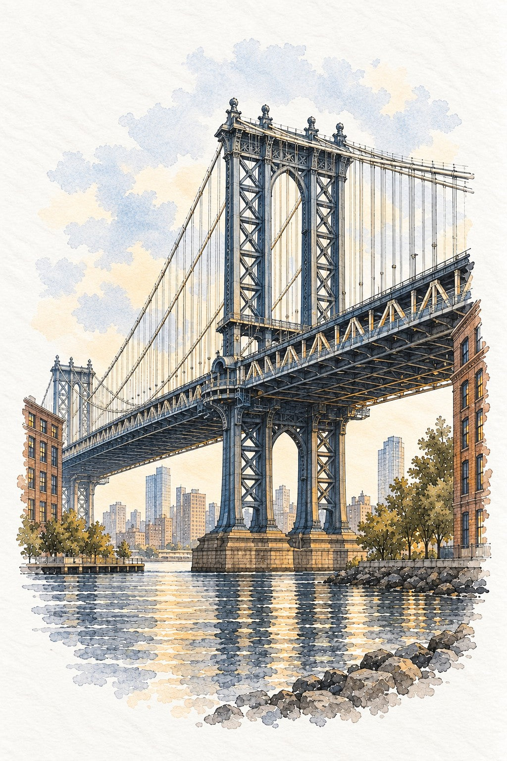 Manhattan Bridge in Watercolour, New York vertical ink and watercolour artwork