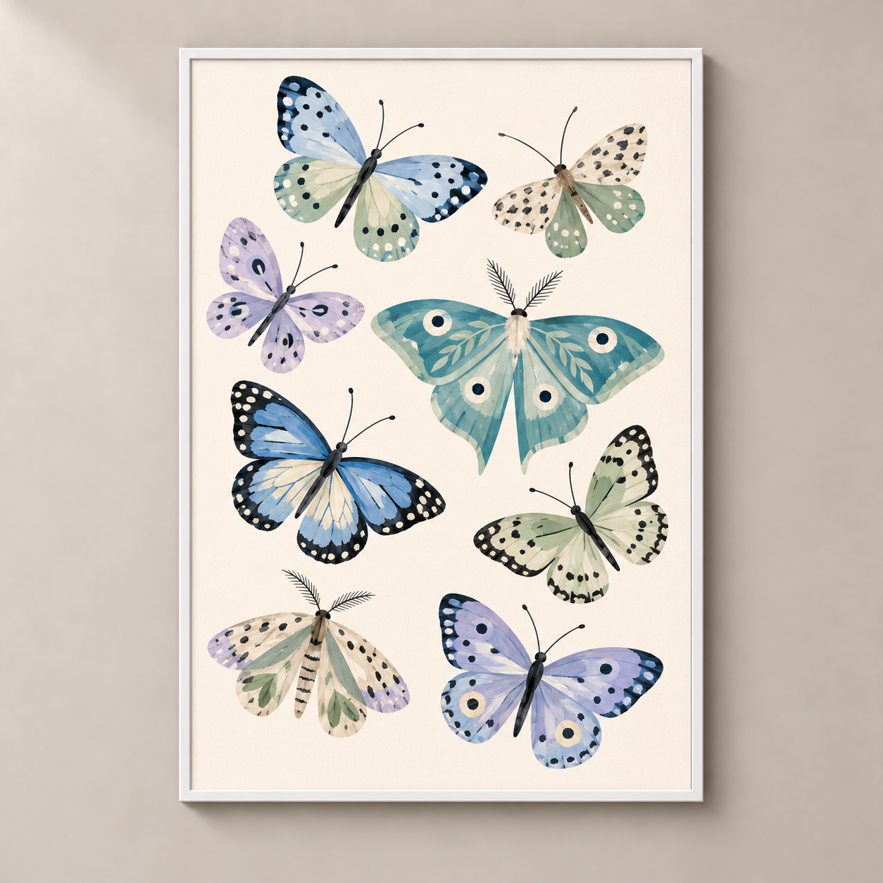 Butterfly Meadow in Blue and Sage poster standalone mockup