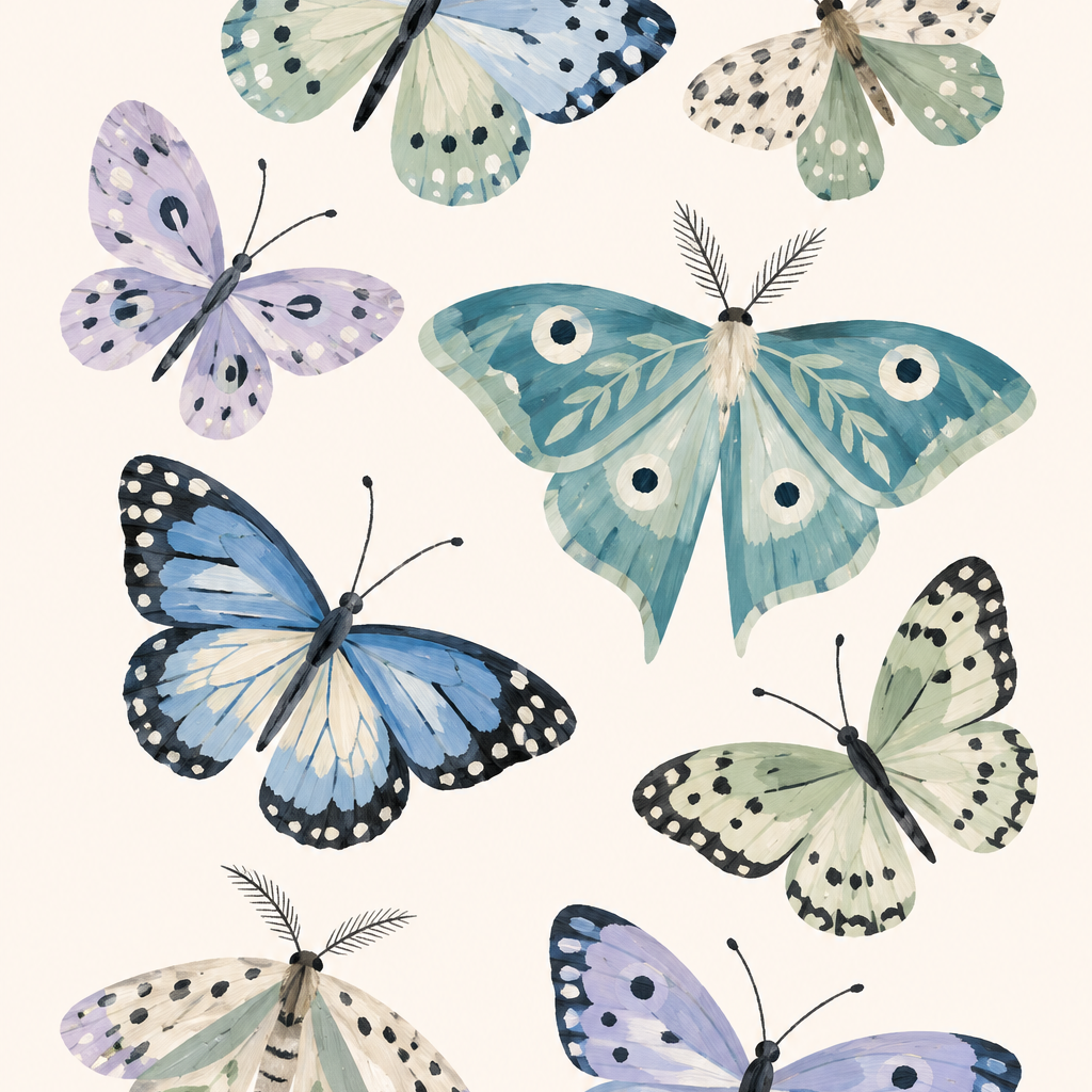 Butterfly Meadow in Blue and Sage, vertical nursery artwork