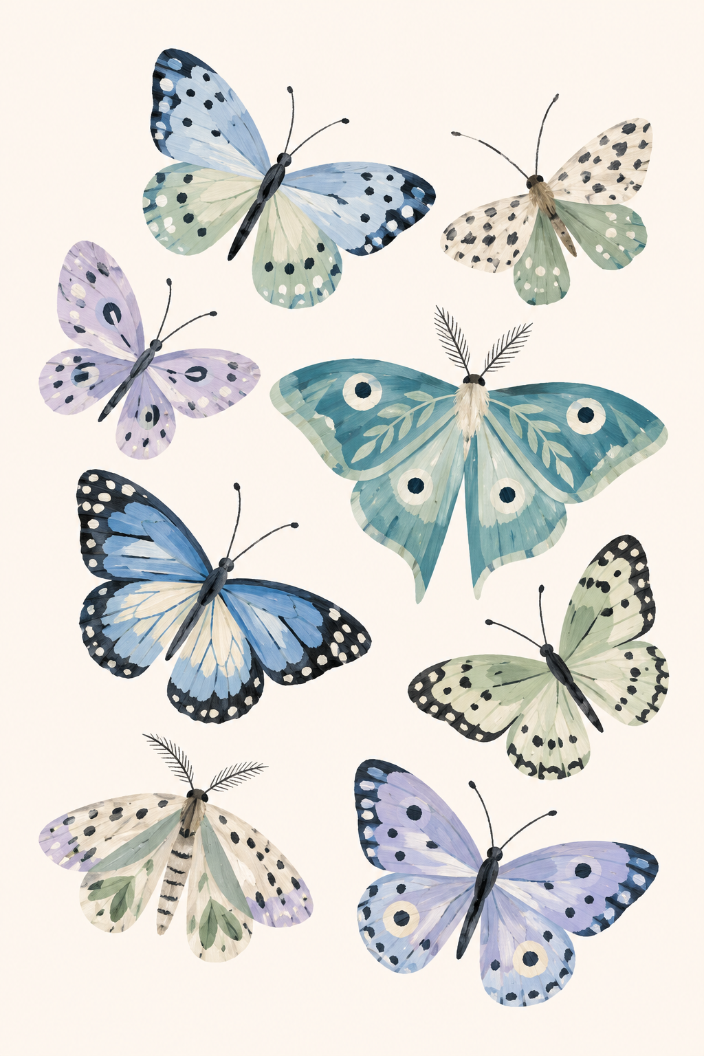 Butterfly Meadow in Blue and Sage, vertical nursery artwork