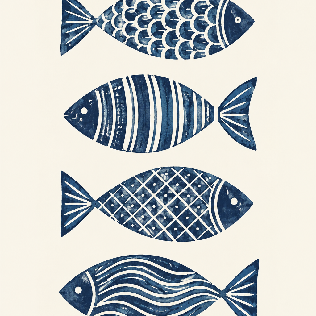 Indigo Fish Quartet, vertical nursery artwork