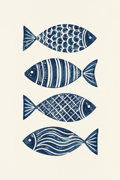Indigo Fish Quartet, vertical nursery artwork
