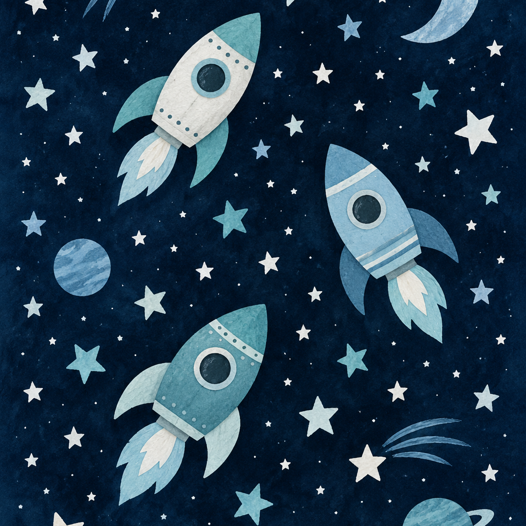 Midnight Rocket Adventures, vertical nursery artwork