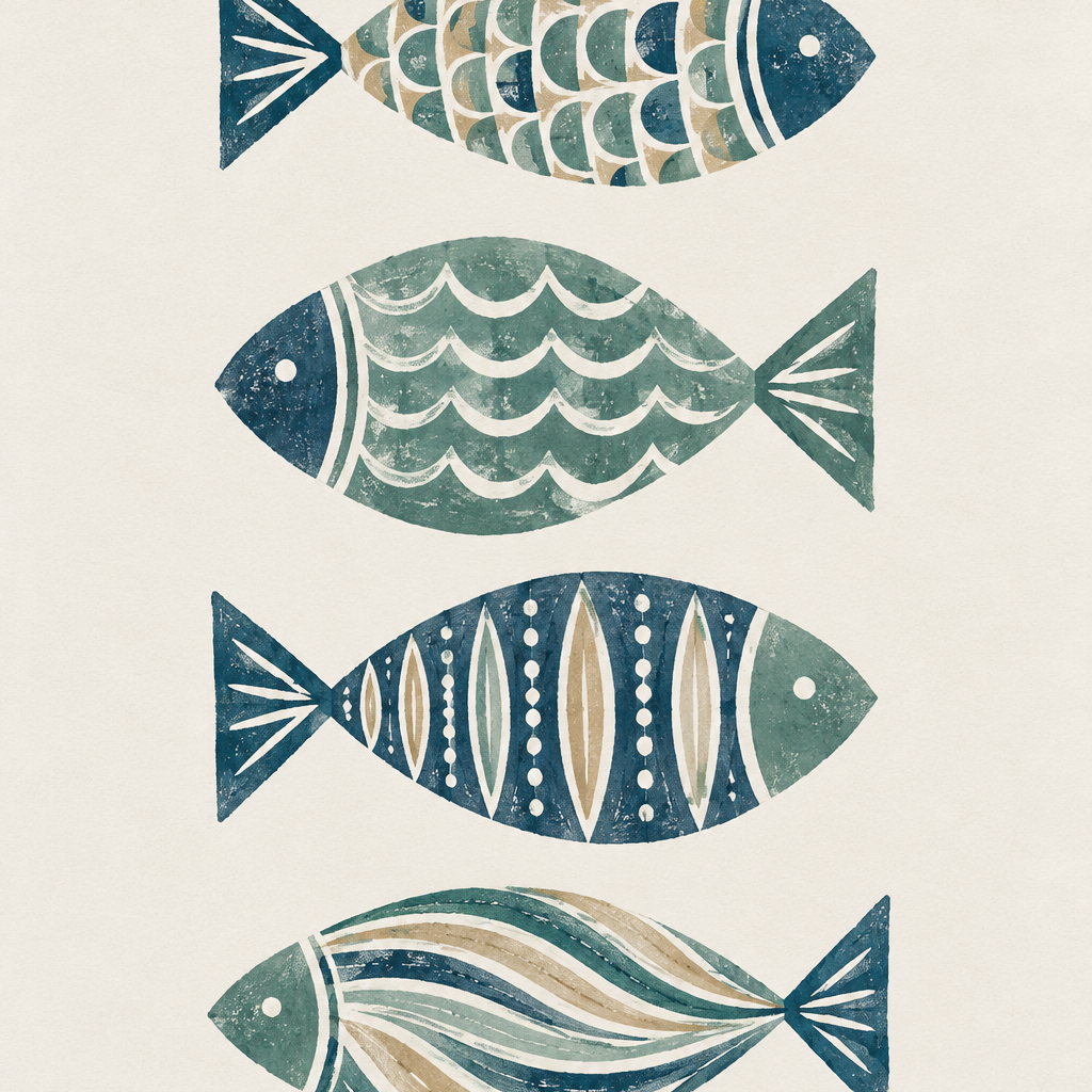 Sage Fish Quartet, vertical nursery artwork