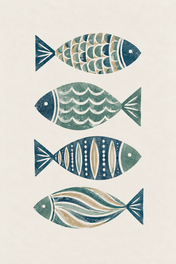 Sage Fish Quartet, vertical nursery artwork