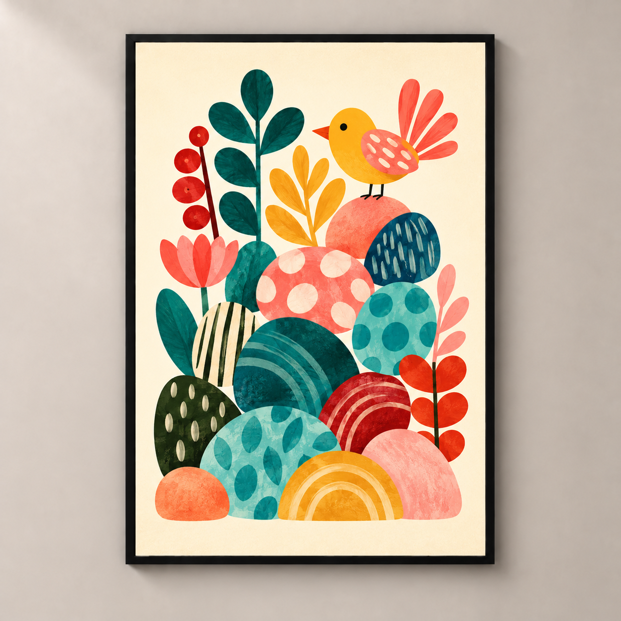 Songbird in a Colourful Garden poster standalone mockup
