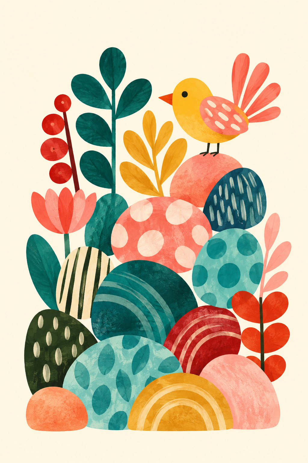 Songbird in a Colourful Garden, vertical nursery artwork