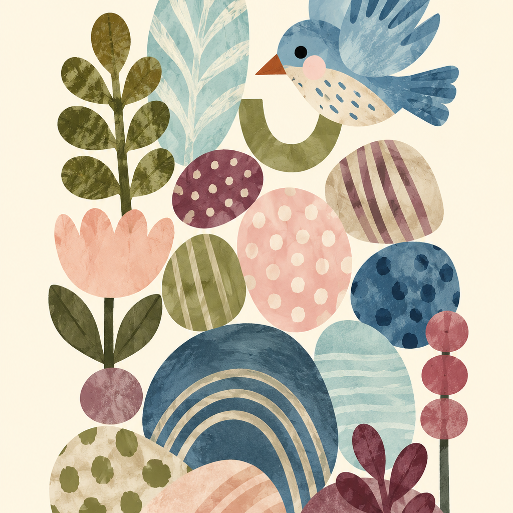 Songbird in a Quiet Garden, vertical nursery artwork