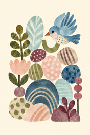 Songbird in a Quiet Garden, vertical nursery artwork