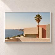 Pale Coastline horizontal poster in a white frame, front view on a warm neutral wall
