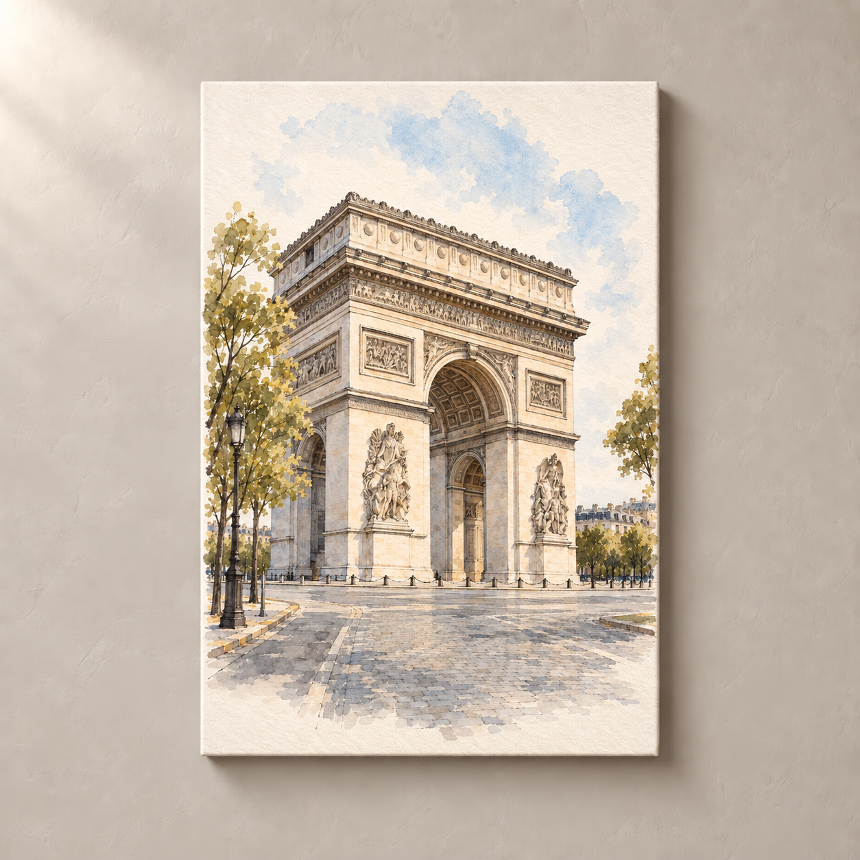 Arc de Triomphe in Soft Watercolour – canvas standalone mockup on beige wall