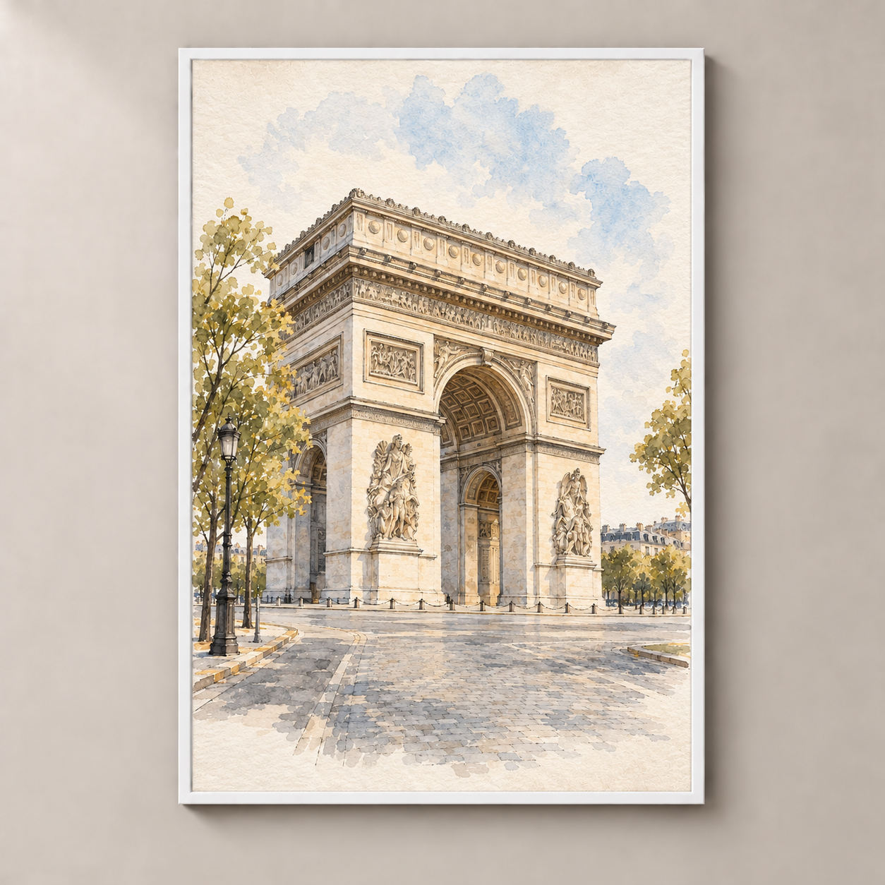 Arc de Triomphe in Soft Watercolour – poster standalone mockup on beige wall