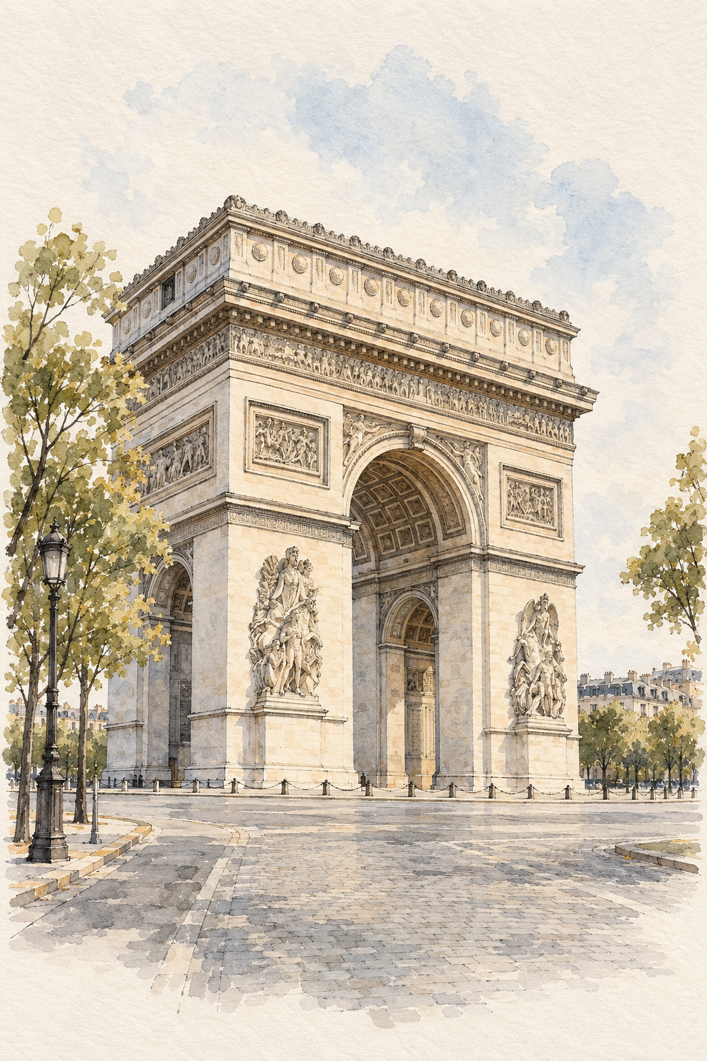 Arc de Triomphe in Soft Watercolour, Paris vertical ink and watercolour artwork