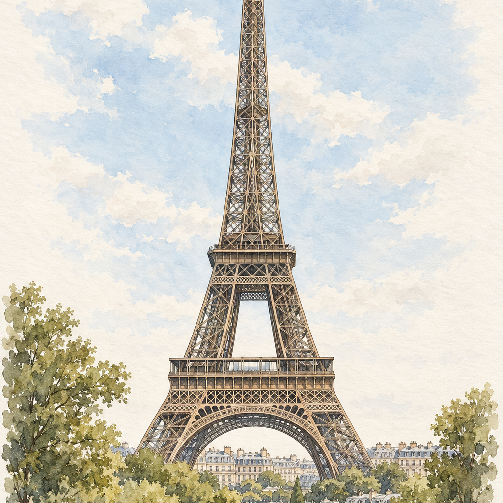 Eiffel Tower above Paris, Paris vertical ink and watercolour artwork