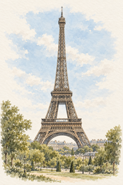 Eiffel Tower above Paris, Paris vertical ink and watercolour artwork