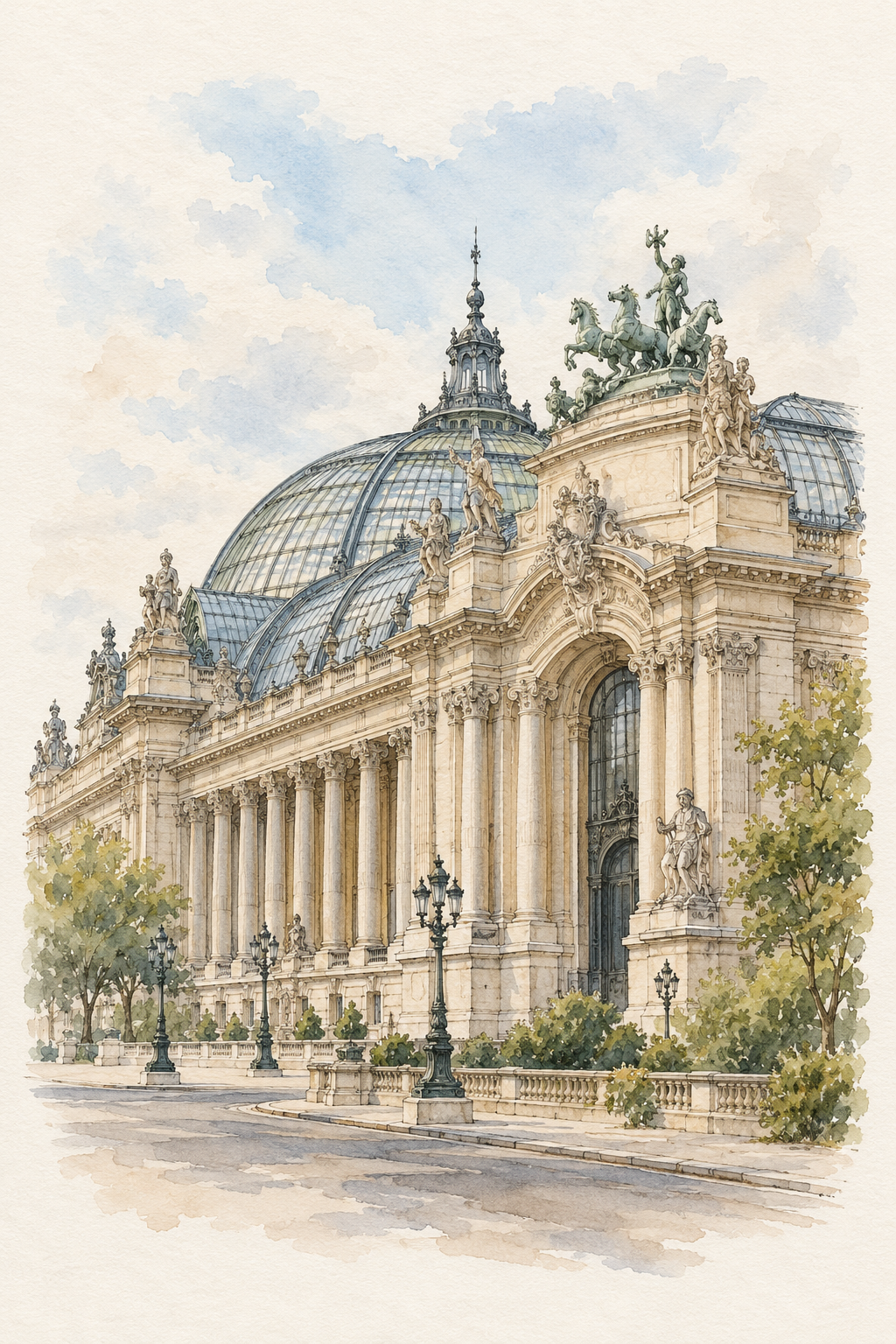 Grand Palais in Soft Watercolour, Paris vertical ink and watercolour artwork