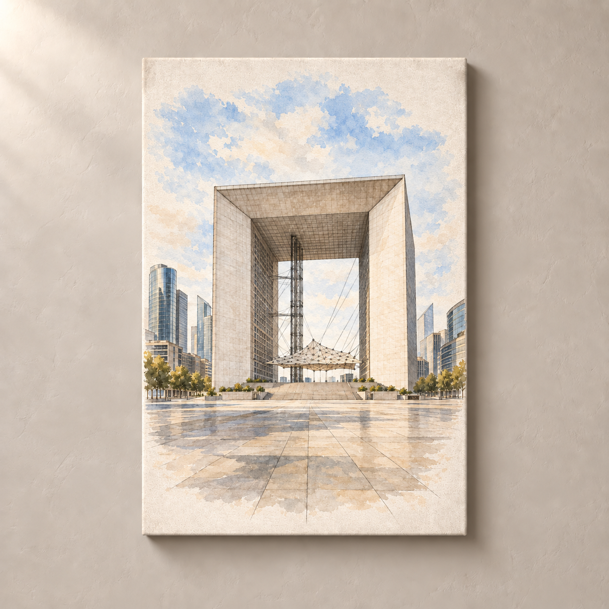 La Grande Arche in Watercolour – canvas standalone mockup on beige wall