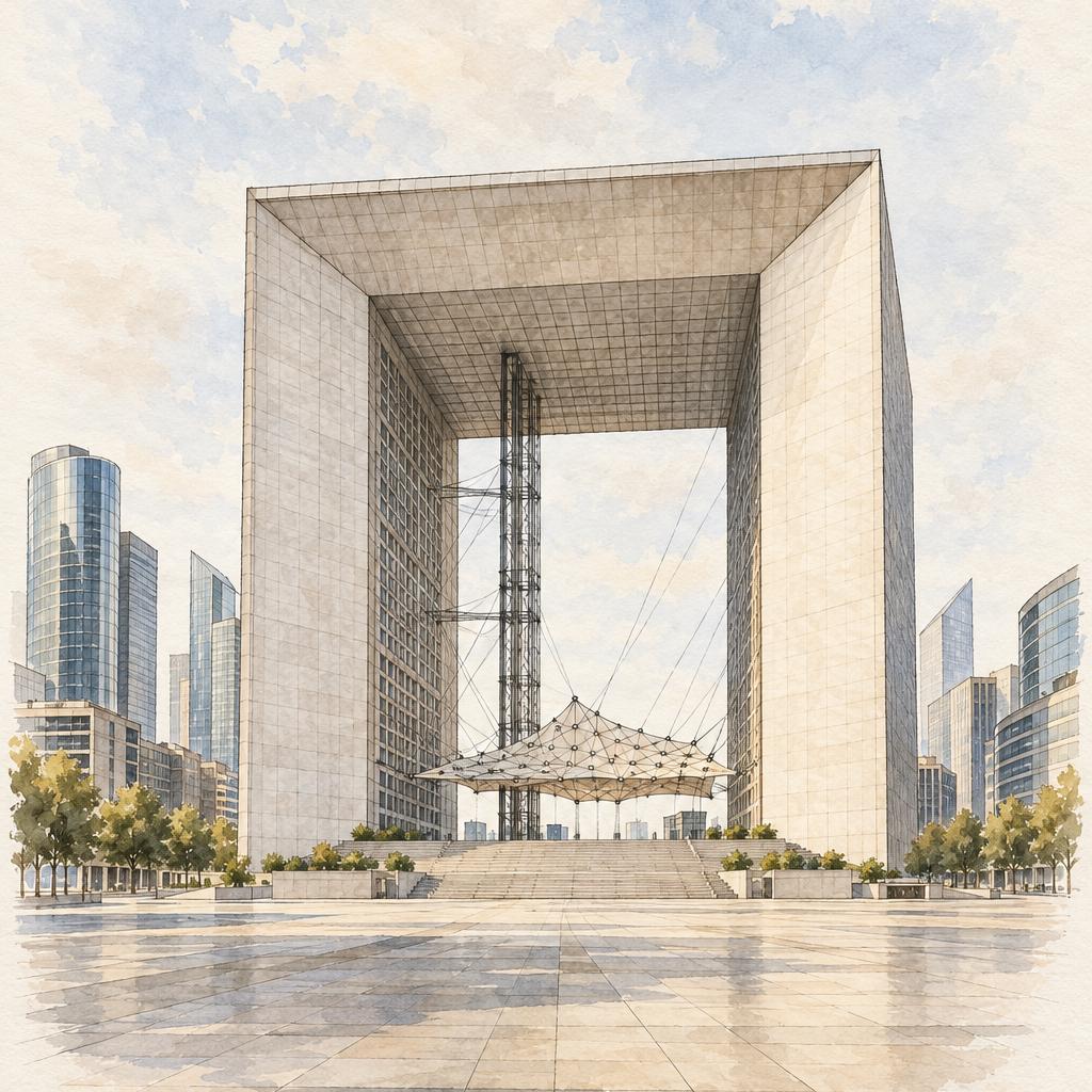 La Grande Arche in Watercolour, Paris vertical ink and watercolour artwork