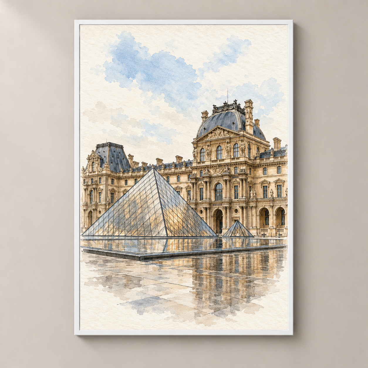 Louvre Palace and Glass Pyramid – poster standalone mockup on beige wall