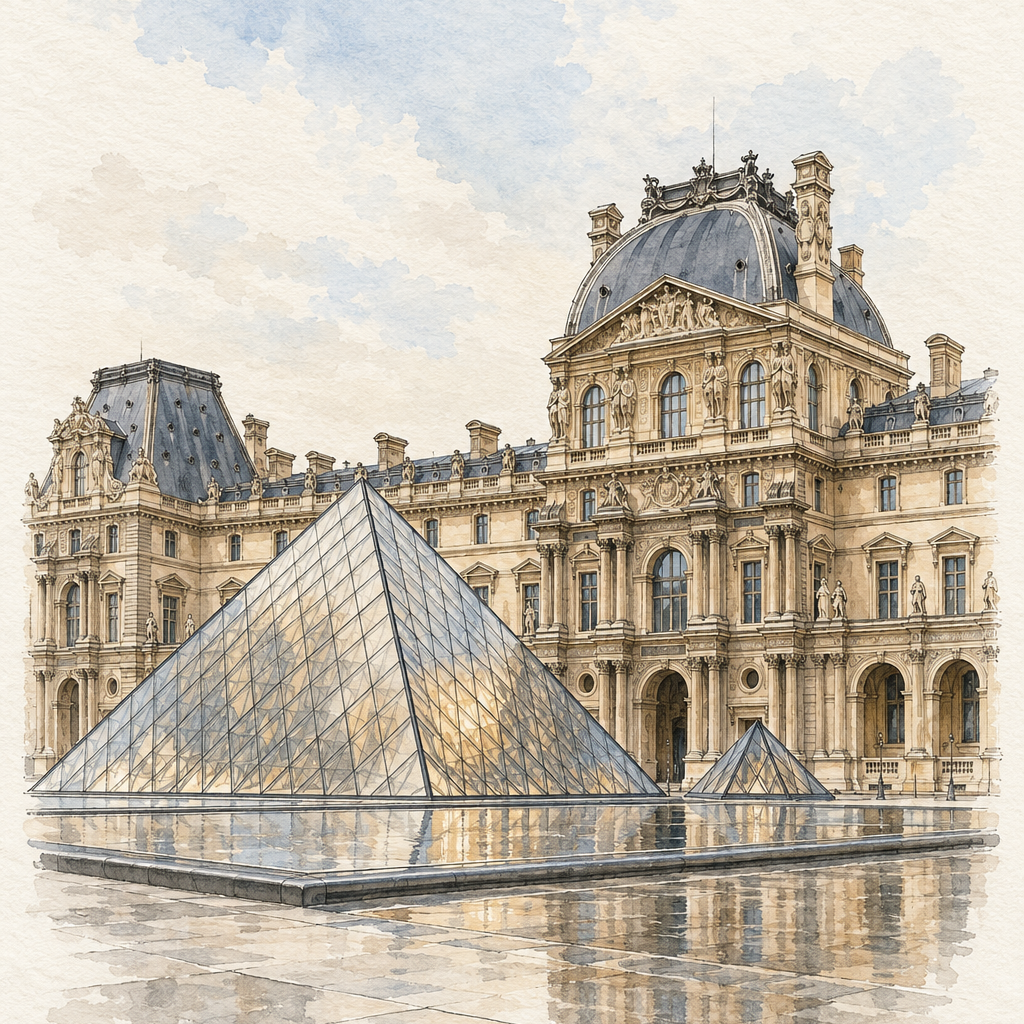 Louvre Palace and Glass Pyramid, Paris vertical ink and watercolour artwork