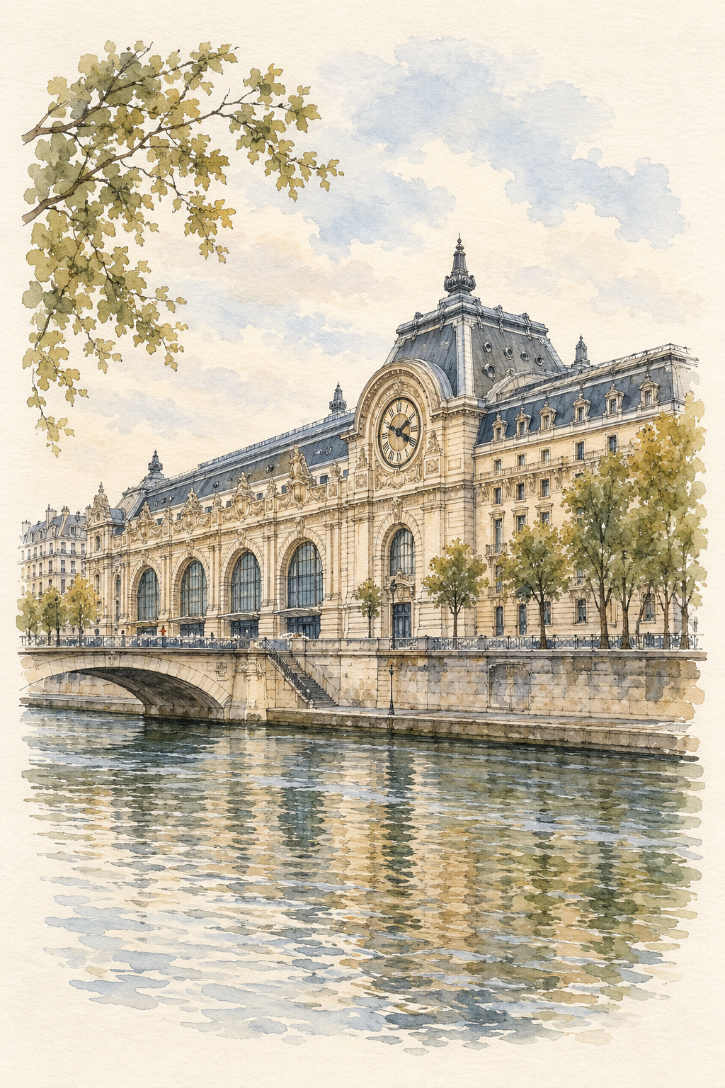 Musee d'Orsay in Soft Watercolour, Paris vertical ink and watercolour artwork