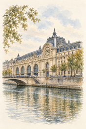 Musee d'Orsay in Soft Watercolour, Paris vertical ink and watercolour artwork
