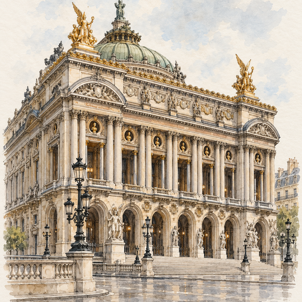 Palais Garnier in Watercolour, Paris vertical ink and watercolour artwork