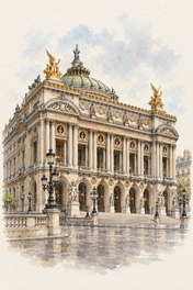 Palais Garnier in Watercolour, Paris vertical ink and watercolour artwork
