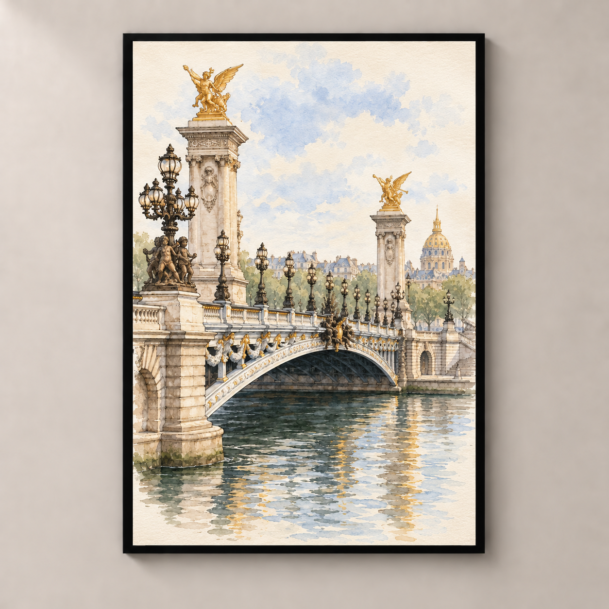 Pont Alexandre III over the Seine – poster standalone mockup on beige wall