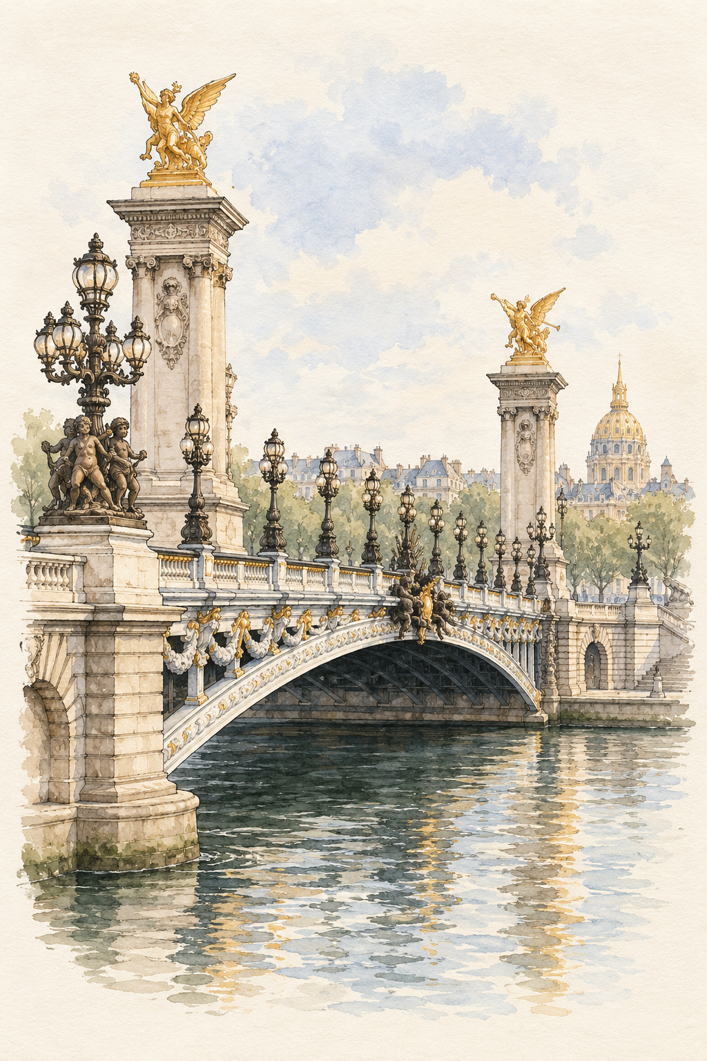 Pont Alexandre III over the Seine, Paris vertical ink and watercolour artwork
