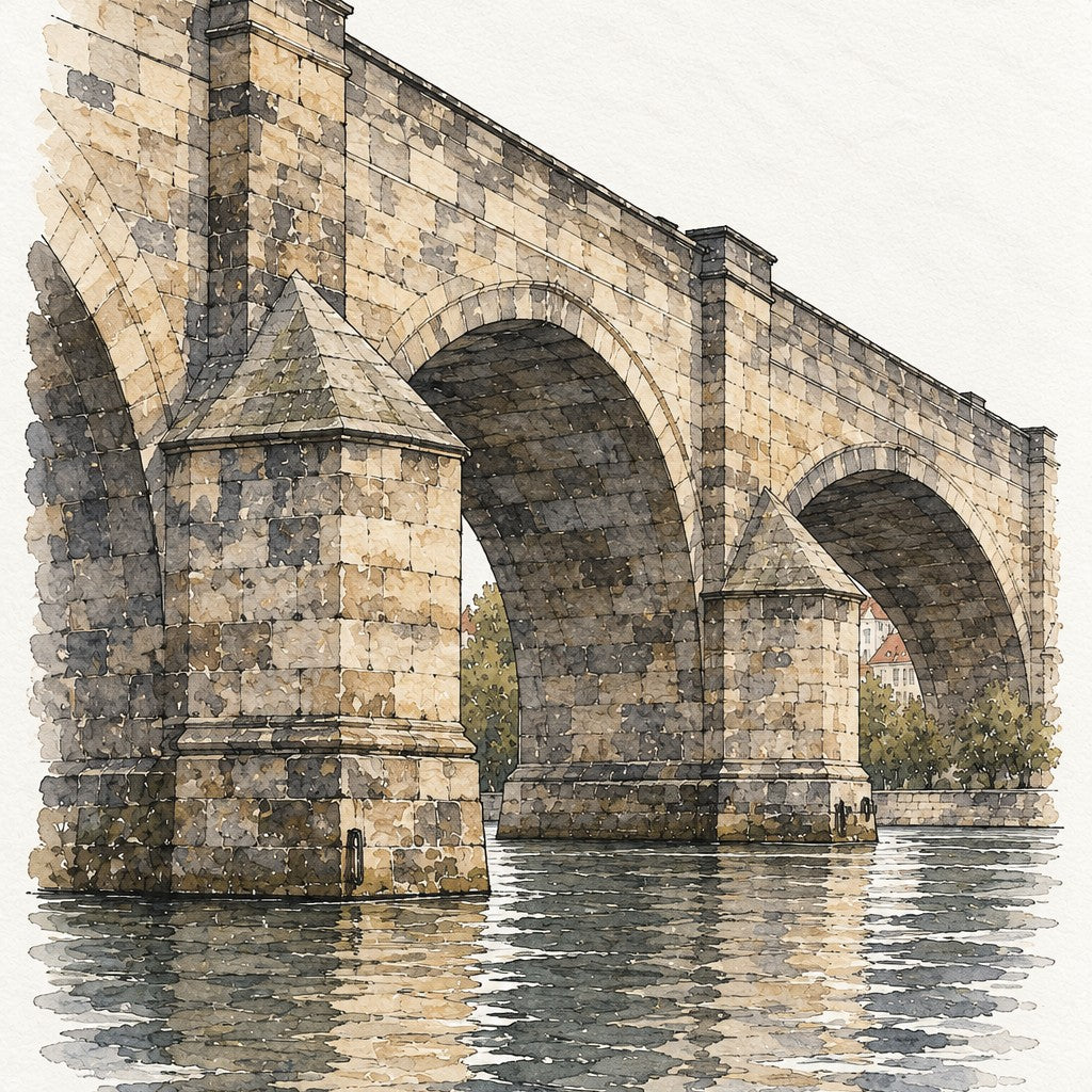 Charles Bridge in Watercolour, Prague vertical ink and watercolour artwork