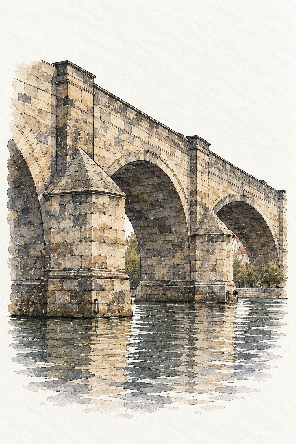 Charles Bridge in Watercolour, Prague vertical ink and watercolour artwork
