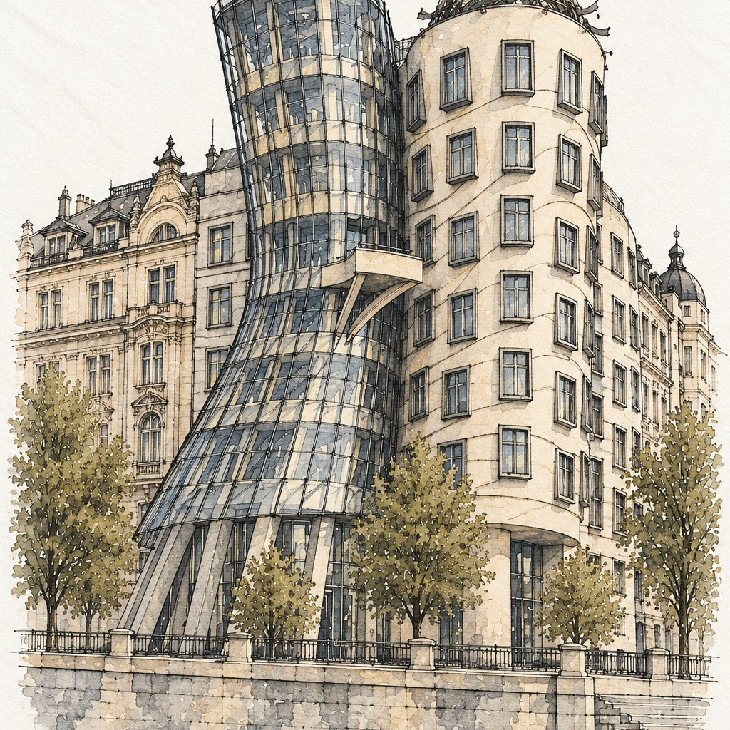 Dancing House in Watercolour, Prague vertical ink and watercolour artwork