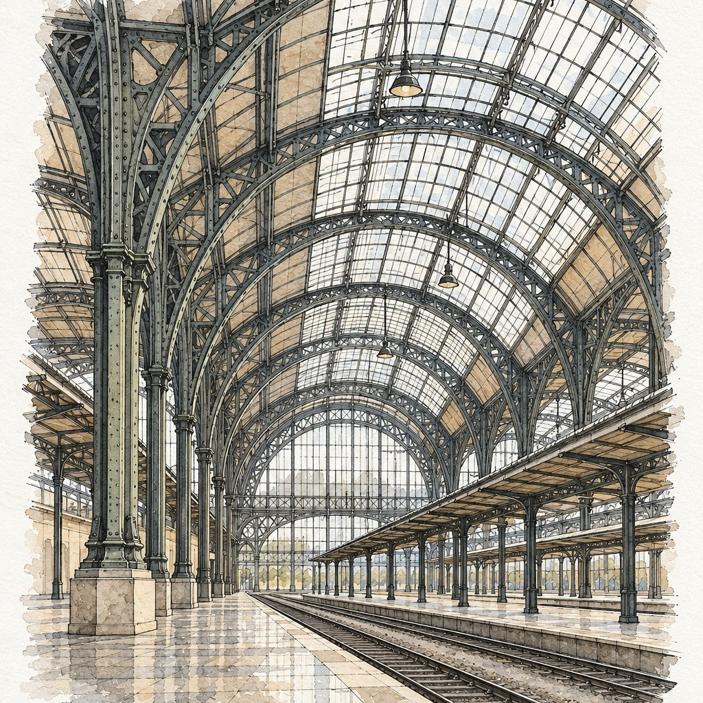 Prague Main Station in Watercolour, Prague vertical ink and watercolour artwork