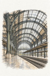 Prague Main Station in Watercolour, Prague vertical ink and watercolour artwork