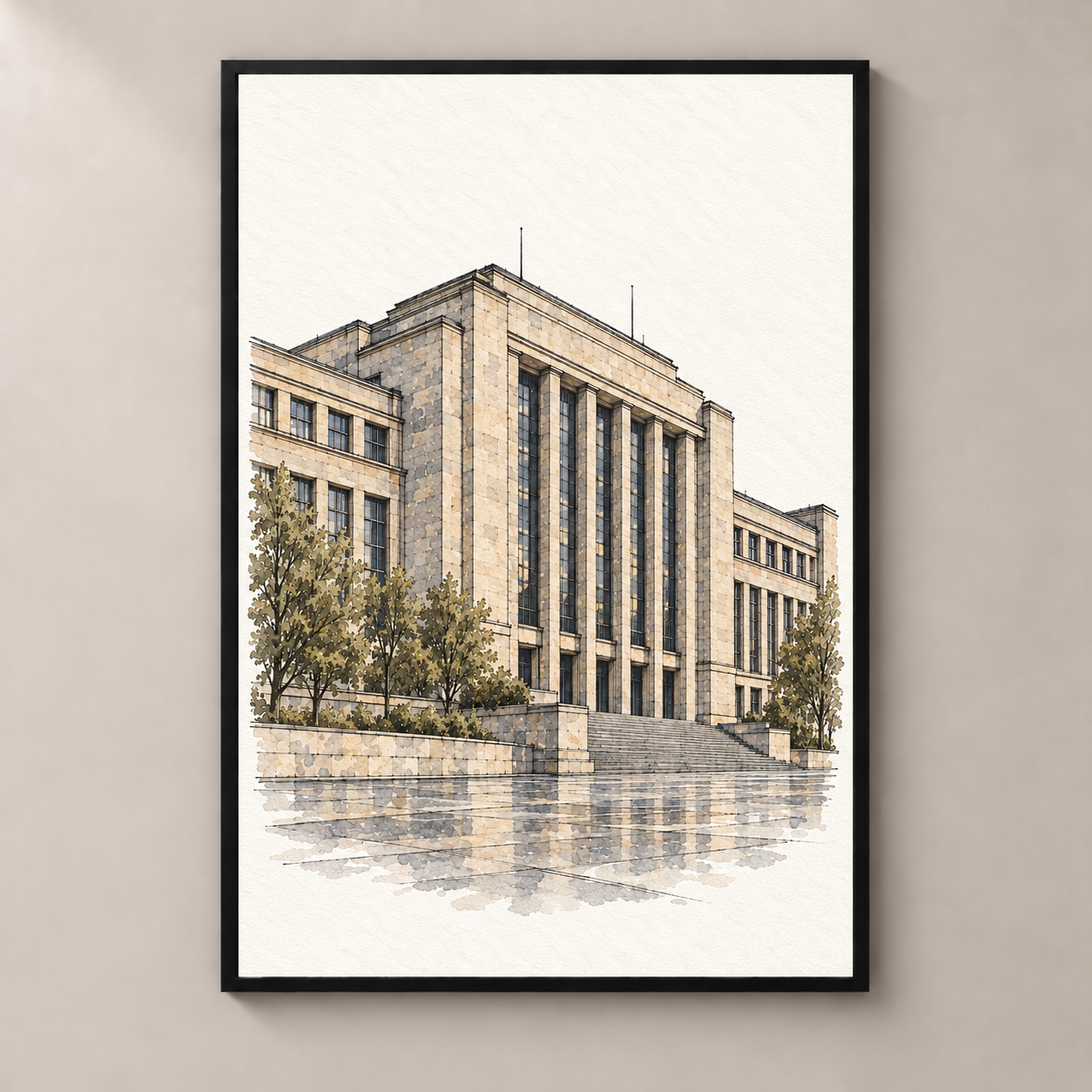 Prague Modernist Hall in Watercolour poster standalone mockup