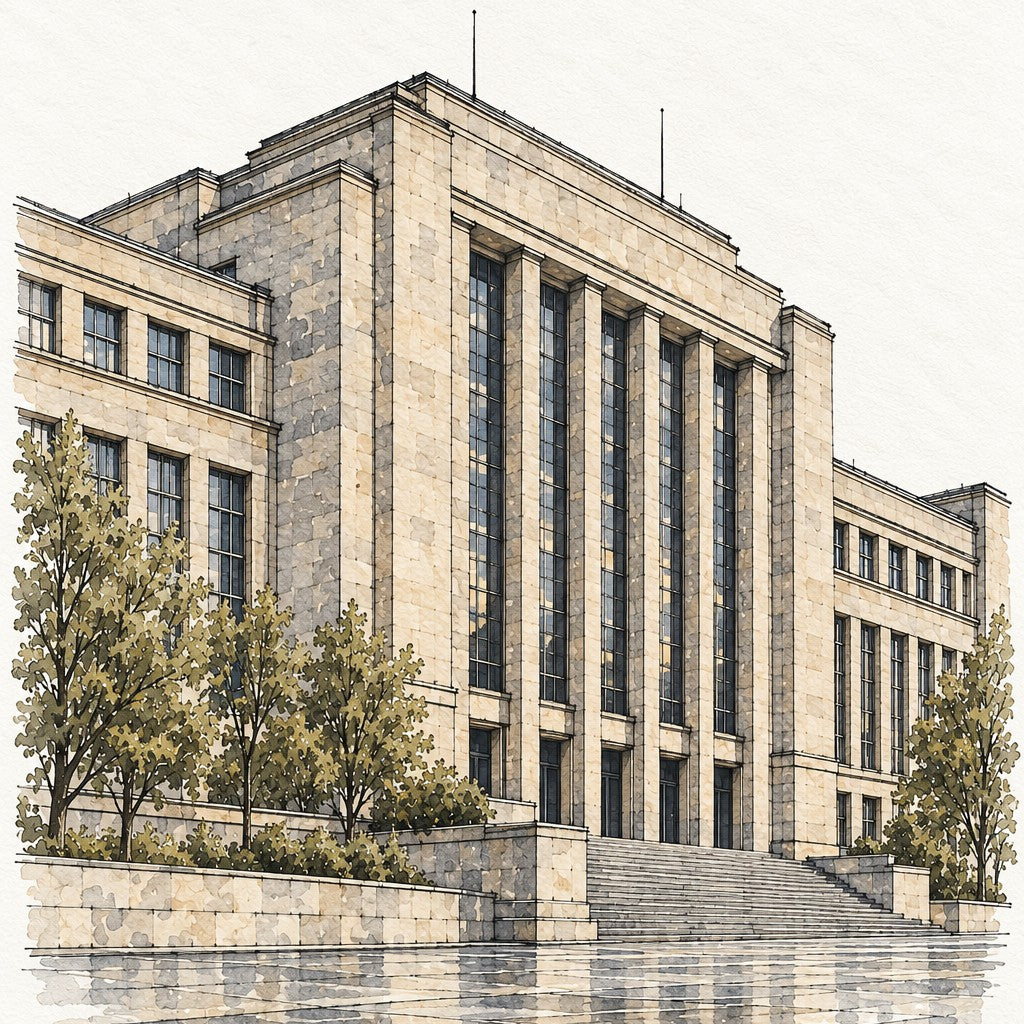 Prague Modernist Hall in Watercolour, Prague vertical ink and watercolour artwork