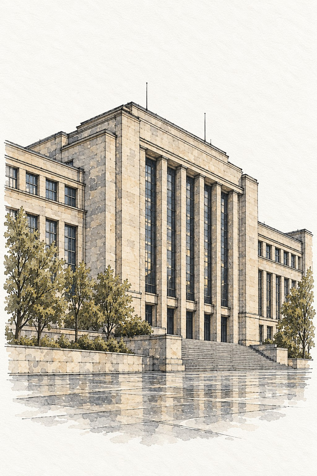 Prague Modernist Hall in Watercolour, Prague vertical ink and watercolour artwork
