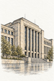 Prague Modernist Hall in Watercolour, Prague vertical ink and watercolour artwork