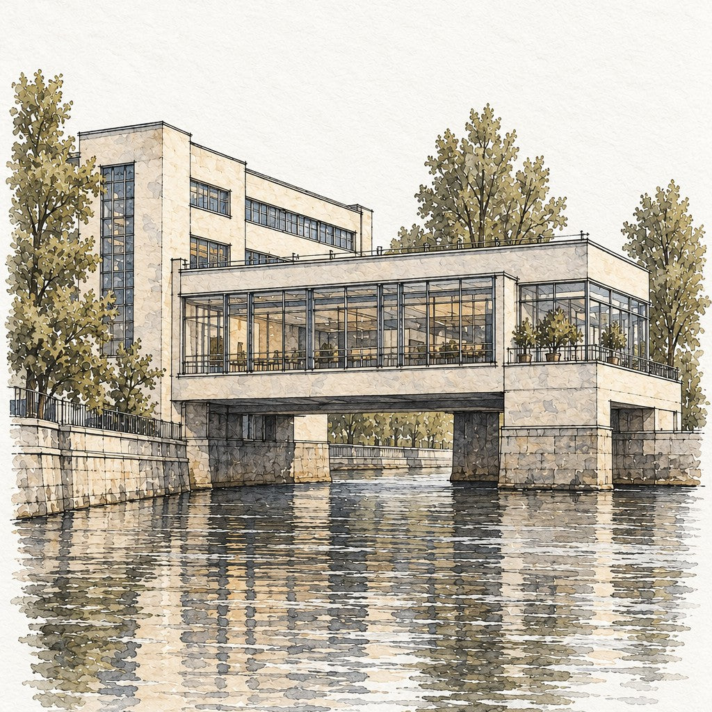 Prague Modernist Villa in Watercolour, Prague vertical ink and watercolour artwork