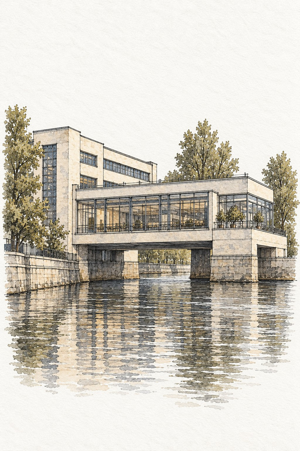 Prague Modernist Villa in Watercolour, Prague vertical ink and watercolour artwork