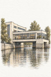 Prague Modernist Villa in Watercolour, Prague vertical ink and watercolour artwork