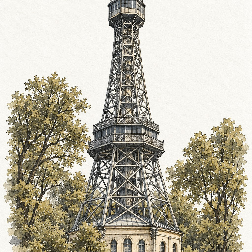 Petřín Lookout Tower in Watercolour, Prague vertical ink and watercolour artwork