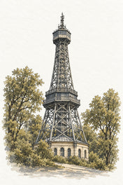 Petřín Lookout Tower in Watercolour, Prague vertical ink and watercolour artwork