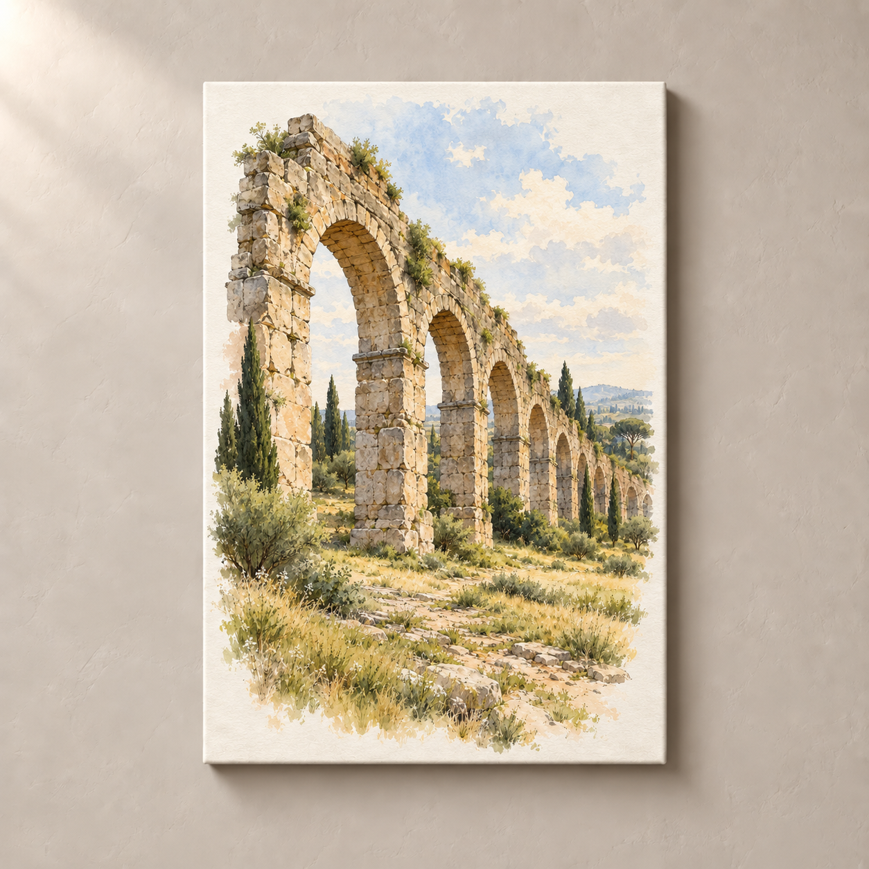 Ancient Aqueduct Ruins by the Appian Way – canvas standalone mockup on beige wall