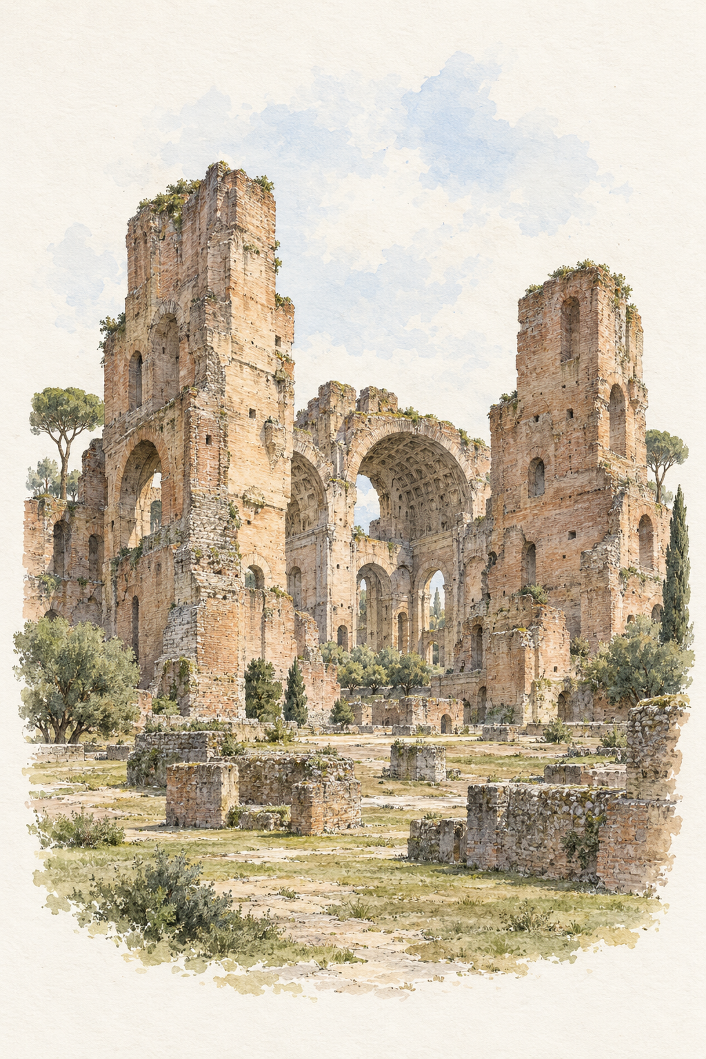 Baths of Caracalla in Watercolour, Rome vertical ink and watercolour artwork