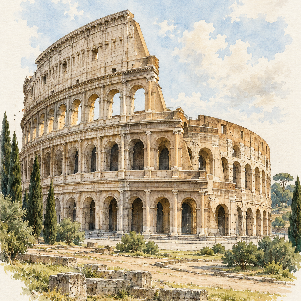 Colosseum in Gentle Light, Rome vertical ink and watercolour artwork
